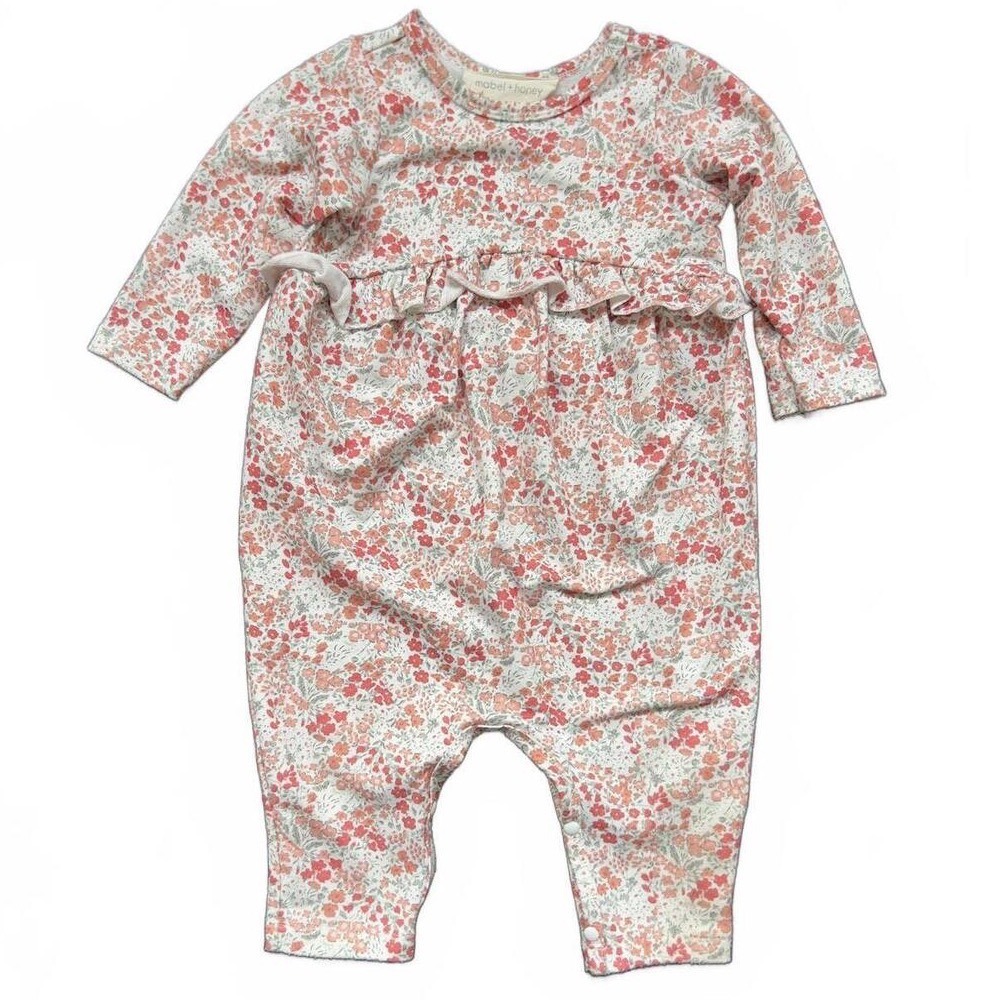 Mabel Honey Romper White Coral‎ Floral Ruffle Long Sleeve 12M